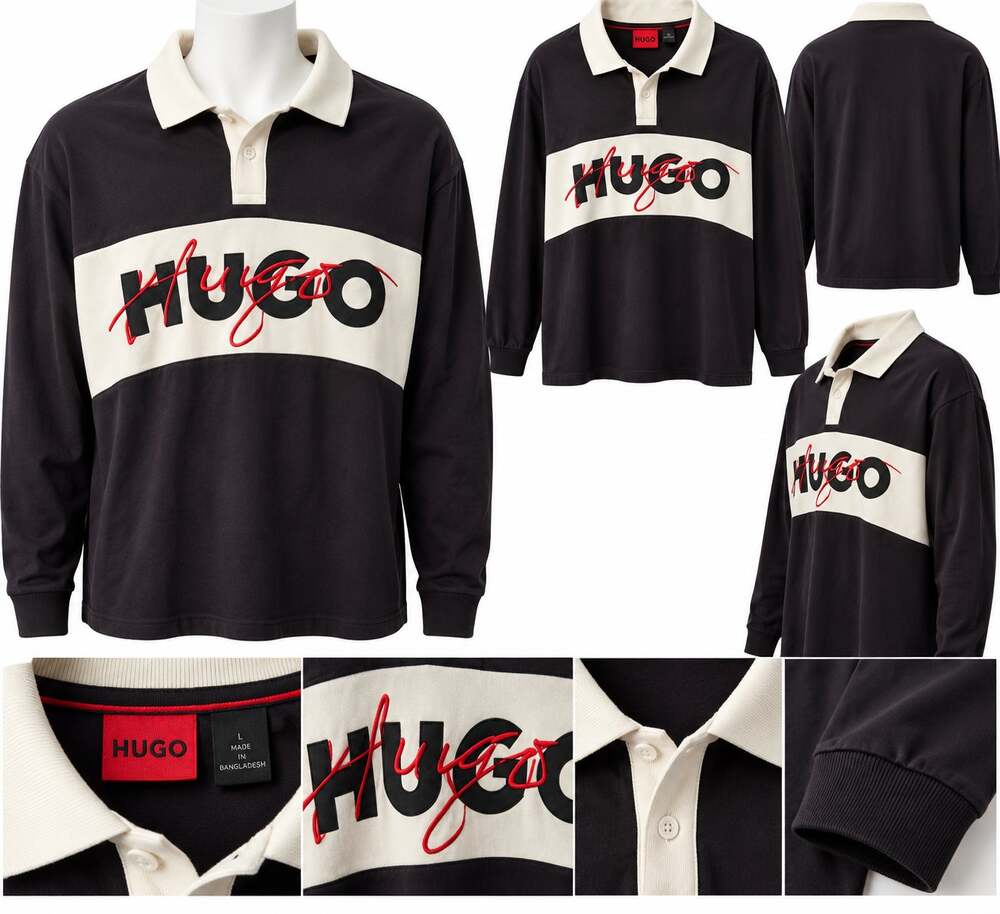 HUGO by HUGO BOSS Men's Long-Sleeve Polo Shirt – Black & Cream – Size Large